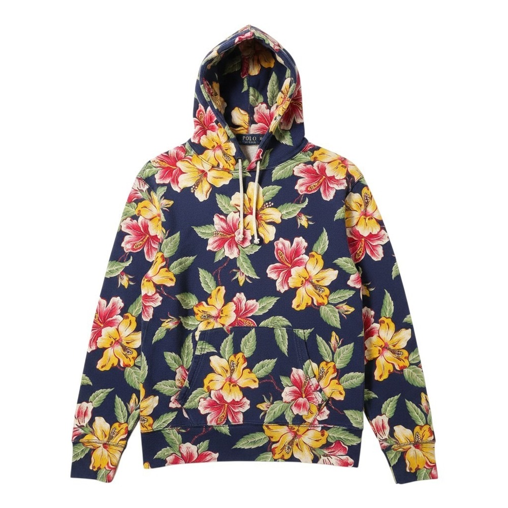 Polo Ralph Lauren Hoodie Mens M Blue Hibiscus Floral Cotton Spa Terry Pullover